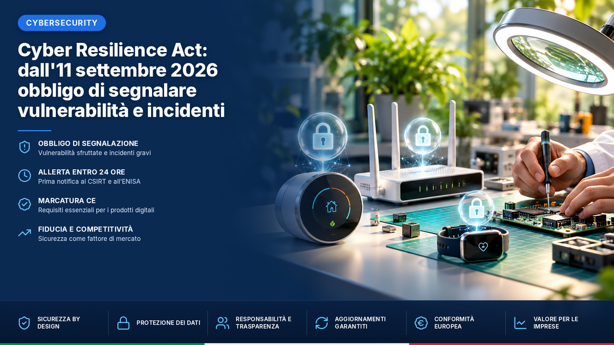 Cyber Resilience Act: dall'11 settembre 2026 obbligo di segnalare vulnerabilità e incidenti