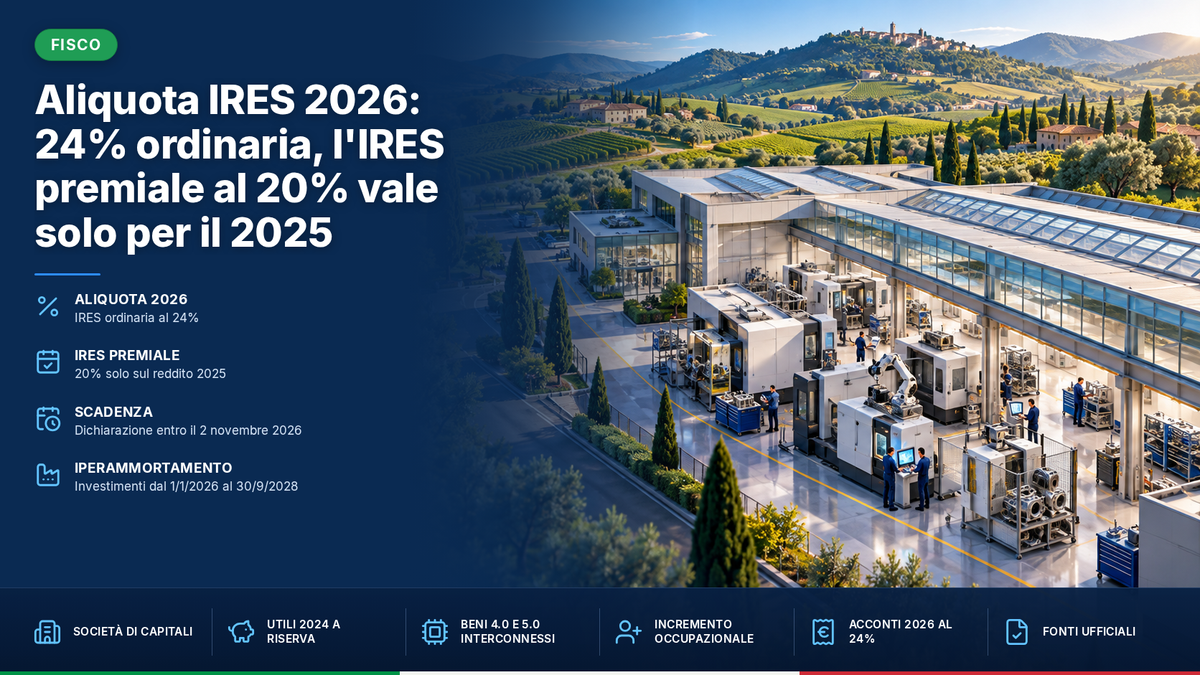 Aliquota IRES 2026: 24% ordinaria, l'IRES premiale al 20% vale solo per il 2025